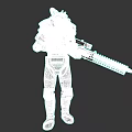 Futuristic Game Movie Character in Gray Armor with Yellow Eyes Holding Large Gun