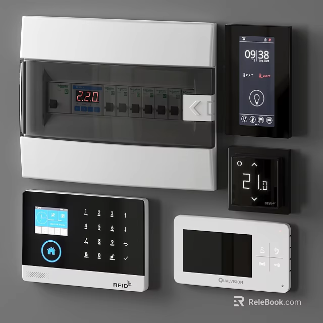 Smart Home Control Devices With Digital Temperature Time And Touch Screen Displays 3d model 