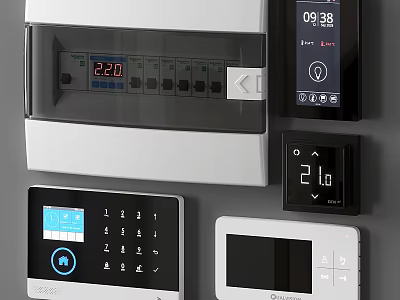 Smart Home Control Devices With Digital Temperature Time And Touch Screen Displays 3d model