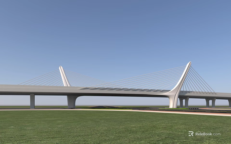 Modern Cable Stayed Bridge With Blue Sky And Green Grass Landscape 3d model