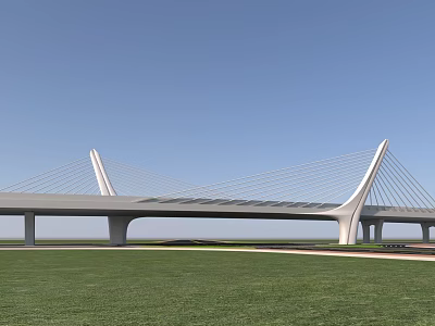 Modern Cable Stayed Bridge With Blue Sky And Green Grass Landscape 3d model