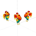 Three Colorful Cartoon Style Roosters With Bright Red Combs And Feathers