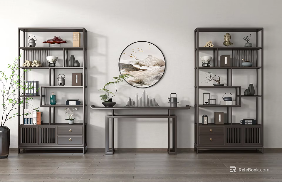 Traditional Chinese Bogu Shelves Interior Featuring Decorative Vases Books And Wall Art 3d model 