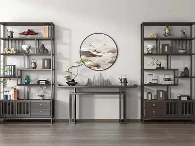Traditional Chinese Bogu Shelves Interior Featuring Decorative Vases Books And Wall Art 3d model