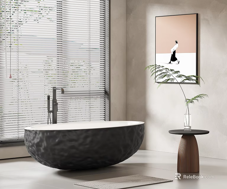 Modern Interior With Textured Black Bathtub Window Blinds Wall Art And Plant On Side Table 3d model 