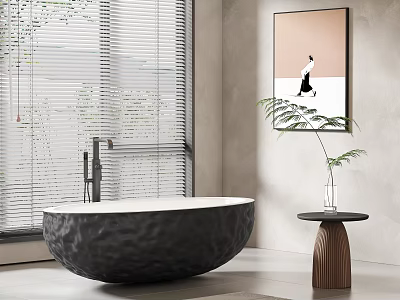 Modern Interior With Textured Black Bathtub Window Blinds Wall Art And Plant On Side Table 3d model