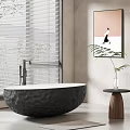 Modern Interior With Textured Black Bathtub Window Blinds Wall Art And Plant On Side Table