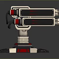 Futuristic Multi Barrel Weapon With Blue Red Glowing Lights And Stable Metallic Base