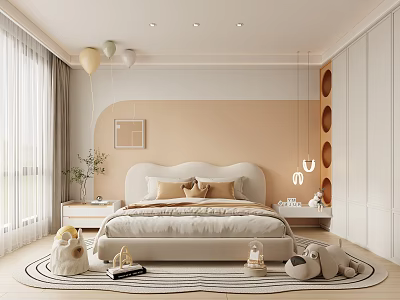 Kids Room Interior With Beige Bed Stuffed Toys Rug Curtains Balloons And Decorative Painting 3d model