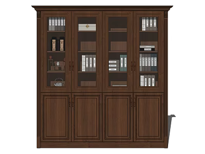 Dark Brown Wooden Bookcase With Glass And Solid Wood Doors Multiple Storage Shelves 3d model