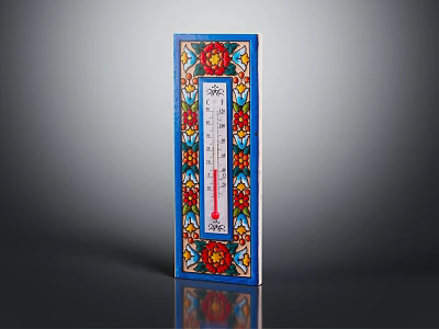 Ornate Decorative Blue Thermometer Featuring Floral Patterns And Colorful Accents 3d model