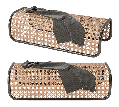 Two Woven Brown Footstools With Black Fabric Cover And Patterned Design 3d model