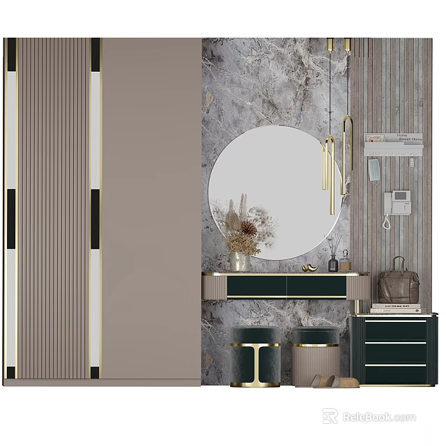 Modern Entryway Design With Round Mirror Marble Wall Golden Accents And Cabinet 3d model 