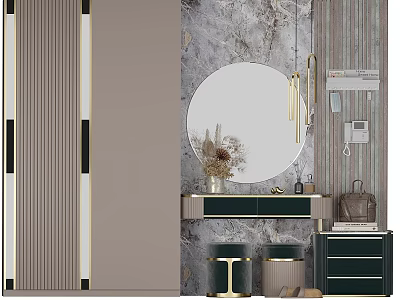 Modern Entryway Design With Round Mirror Marble Wall Golden Accents And Cabinet 3d model