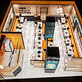 Elegant Modern Open concept Restaurant Interior Featuring Orange Blue Tones Marble Cabinets And Pendant Lights