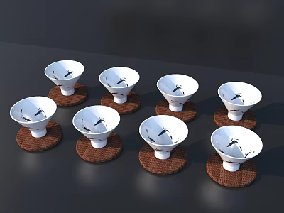 White Cups With Black Patterns Placed On Brown Coasters Over Dark Tabletop 3d model