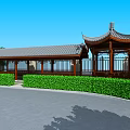 Traditional Chinese Pavilion With Grey Tile Roof Wooden Structure Green Bushes And Pink Flowering Tree
