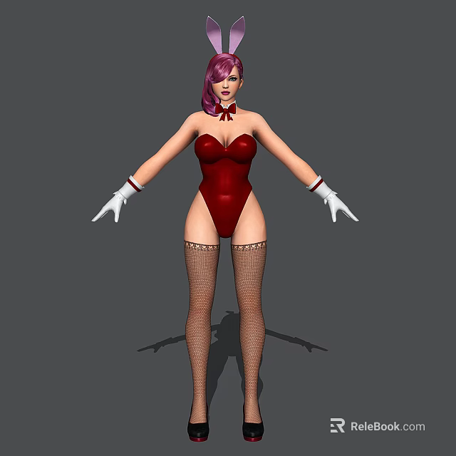 Game And Movie Character With Purple Hair Red Bodysuit White Gloves And Fishnet Stockings 3d model 