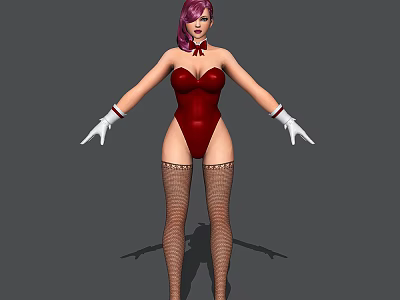 Game And Movie Character With Purple Hair Red Bodysuit White Gloves And Fishnet Stockings 3d model