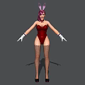 Game And Movie Character With Purple Hair Red Bodysuit White Gloves And Fishnet Stockings