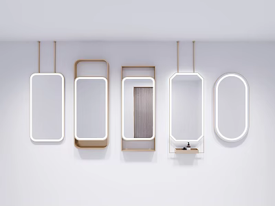 Modern Rectangular And Oval Mirrors With LED Lighting And Wooden Frames For Wall Decor 3d model