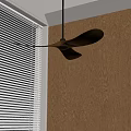 Wooden Ceiling Fan Hanging In Corner With Wooden Wall And White Blinds