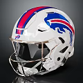 White Football Helmet With Red And Blue Stripes Buffalo Logo And Chrome Facemask Design