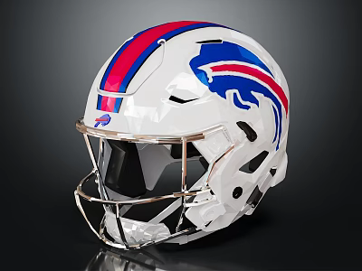 White Football Helmet With Red And Blue Stripes Buffalo Logo And Chrome Facemask Design 3d model