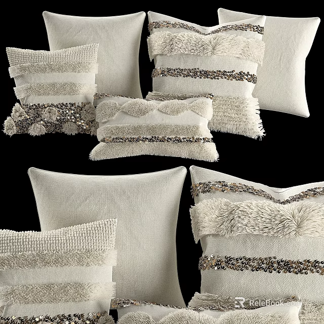 Cream Decorative Throw Pillows Featuring Striped Fringed Beaded Textured Details 3d model 