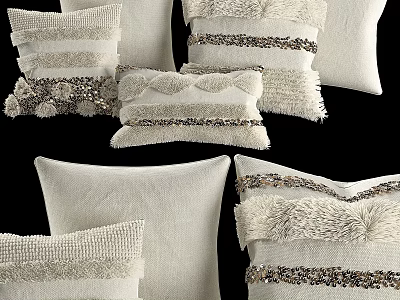 Cream Decorative Throw Pillows Featuring Striped Fringed Beaded Textured Details 3d model