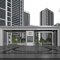 Modern High rise Residential Building With Illuminated Entrance And Landscaped Square