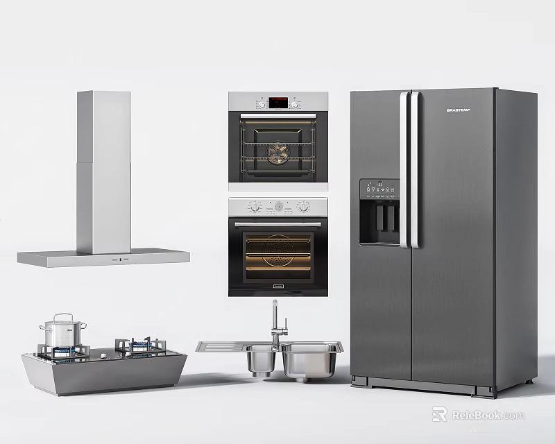 Modern Stainless Steel Kitchen Appliances Including Range Hood Oven Refrigerator Sink And Faucet 3d model 