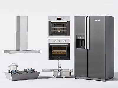 Modern Stainless Steel Kitchen Appliances Including Range Hood Oven Refrigerator Sink And Faucet 3d model