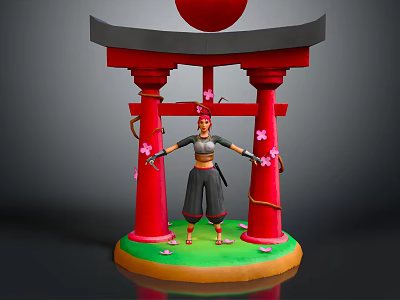 Traditional Character In Black Outfit Standing By Red Torii Gate With Cherry Blossoms 3d model