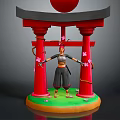 Traditional Character In Black Outfit Standing By Red Torii Gate With Cherry Blossoms