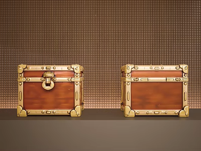 Two Brown Trunks with Gold Metal Latches and Decorations against Grid-Patterned Brown Wall 3d model