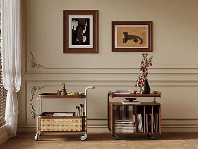 Wooden Wheeled Side Tables With Woven Basket Open Shelf Flower Vase White Curtains Framed Paintings 3d model