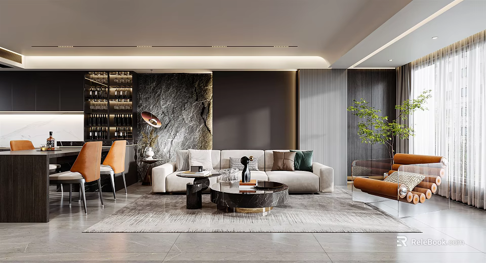 Modern Living Dining Space With Sofa Round Coffee Table Orange Chairs Wine Storage 3d model 