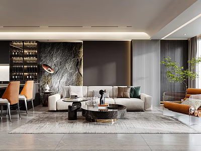 Modern Living Dining Space With Sofa Round Coffee Table Orange Chairs Wine Storage 3d model
