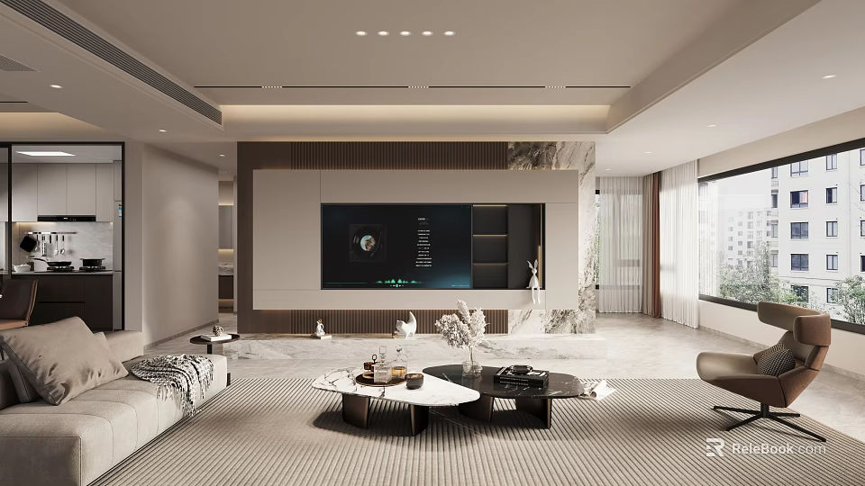 Modern Living And Dining Room Interior With TV Wall Sofa And Coffee Tables 3d model 