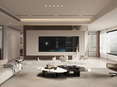 Modern Living And Dining Room Interior With TV Wall Sofa And Coffee Tables 3d model