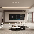 Modern Living And Dining Room Interior With TV Wall Sofa And Coffee Tables