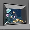Stunning Window Display Featuring Jellyfish Starry Sky Background Blue Waves Small Boat And Decorative Lights