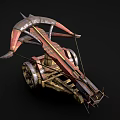 Ancient Medieval Ballista War Machine With Wooden Structure Metal Components Wheels And Arrow Design