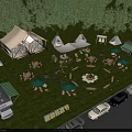 Campsite With Tents RVs Tables Chairs Fire Pit And Lush Trees On Grass