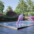Garden Ornaments With Pink Deer Sculptures In Square Water Pool And Paved Ground