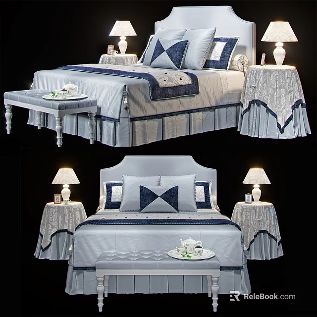 Elegant Double Bed With Blue And White Bedding Bedside Tables And Table Lamps 3d model
