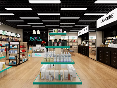 Lancome Cosmetics Store Interior With Glass Display Stands Skincare Products Bright Lighting And Wooden Floors 3d model