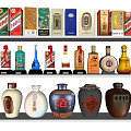 Various Brand Liquor Bottles And Ceramic Jars Displayed On Multiple Shelves