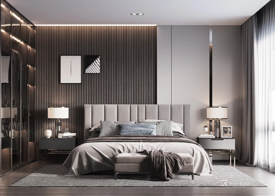 Modern Bedroom With Upholstered Headboard Striped Accent Wall Side Tables Lamps And Decorative Artworks 3d model 